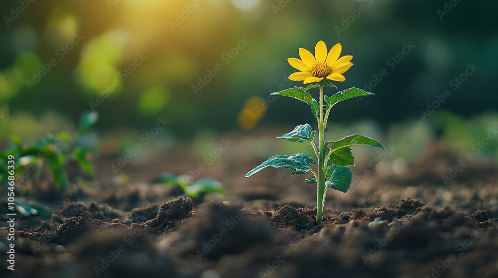 A vibrant sunflower blooms in rich soil during a warm afternoon in a garden A vibrant sunflower blooms in rich soil during a warm afternoon in a garden