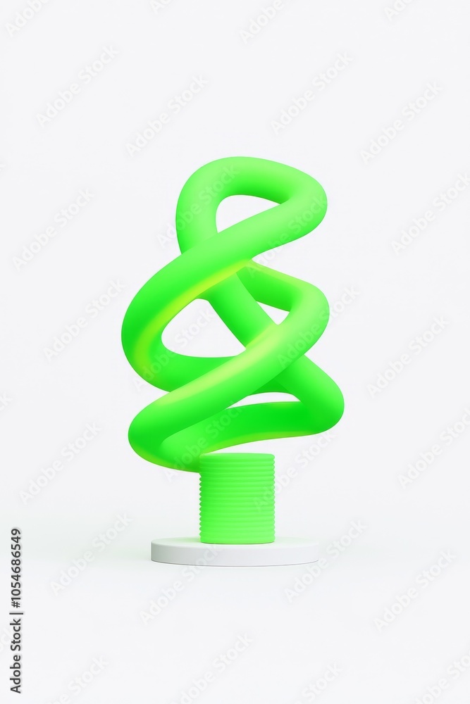 A vibrant green abstract sculpture spirals atop a white base, showcasing modern design and playful curves. A vibrant green abstract sculpture spirals atop a white base, showcasing modern design and playful curves.