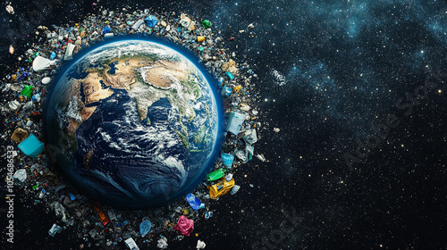 Earth surrounded by trash in space showcases pollution and environmental concerns from pollution photo