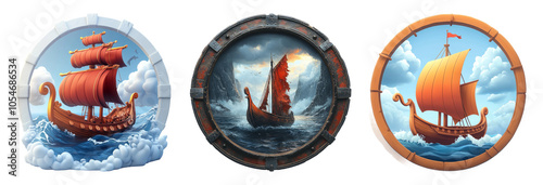 Colorful Viking Ship Illustrations on Transparent Background