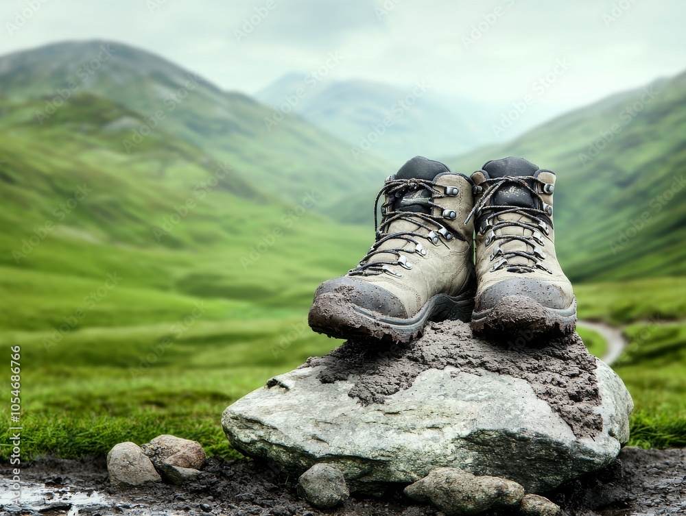 A pair of muddy hiking boots resting on a rock in a lush green landscape, embodying adventure and exploration. A pair of muddy hiking boots resting on a rock in a lush green landscape, embodying adventure and exploration.
