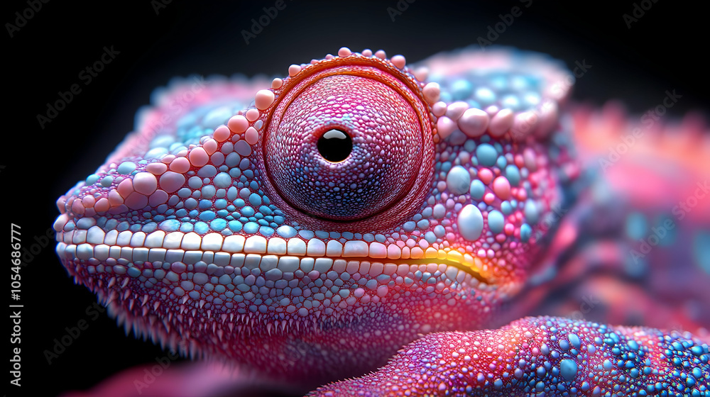 Close-Up of a Chameleon's Eye, Colorful Lizard Skin, Detailed Texture