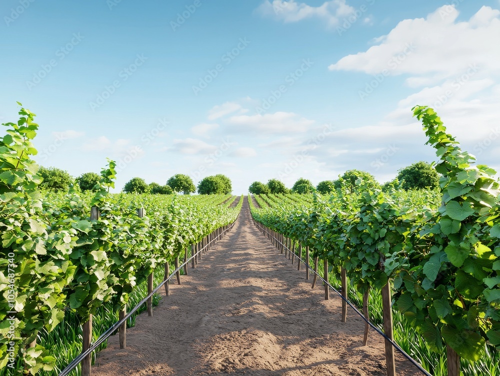 View of a lush vineyard under a bright blue sky, showcasing rows of healthy grapevines. View of a lush vineyard under a bright blue sky, showcasing rows of healthy grapevines.
