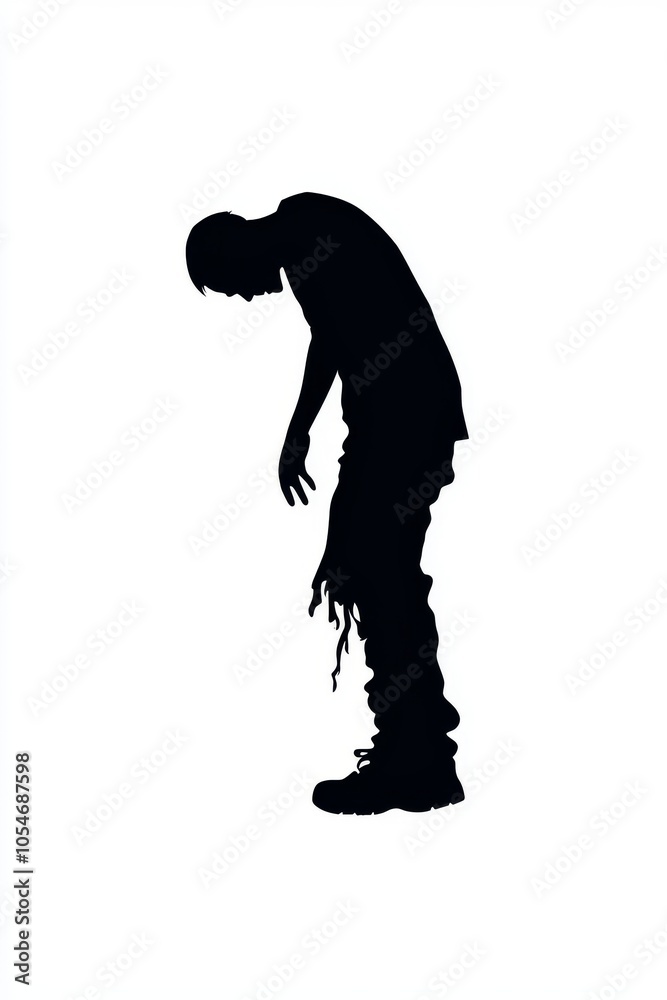 Fototapeta premium Silhouette of a male figure in casual attire, displaying a subdued posture against a stark white background.