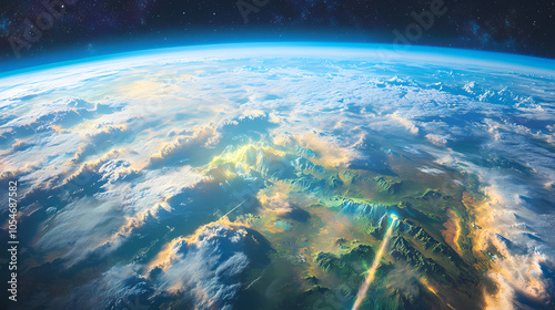 Terraforming of exoplanet viewed from orbit, massive energy beams restructuring atmosphere, continent-sized weather control machines visible from space. Terraforming Machine. Illustration