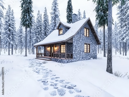 Charming stone cottage nestled in a serene snowy forest landscape.