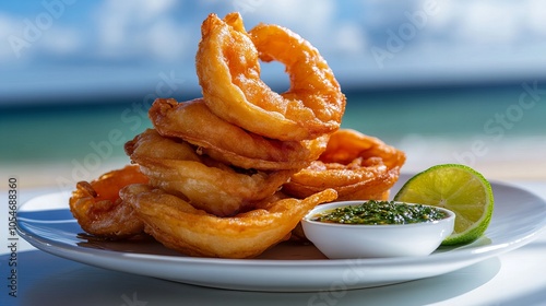 A plate of crispy fried calamari rings with a side of green sauce and a lime wedge.