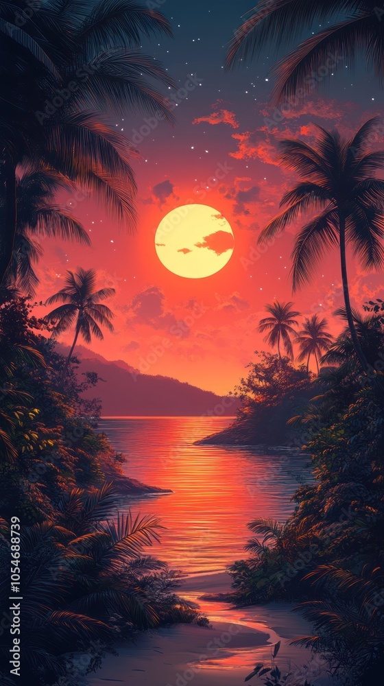 Obraz premium Sunset over a Tropical Lagoon with Palm Trees