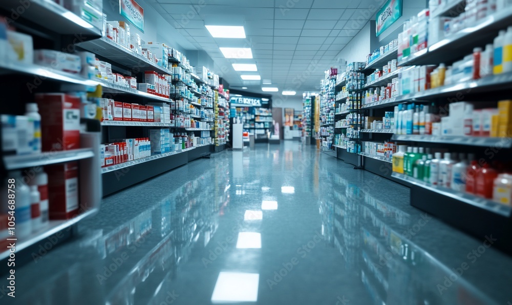 Aisle in a pharmacy with shelves stocked with various medications and health products. Aisle in a pharmacy with shelves stocked with various medications and health products.