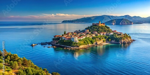 Scenic view of Ligurian coast in Savona province with Spotorno and Bergeggi island photo