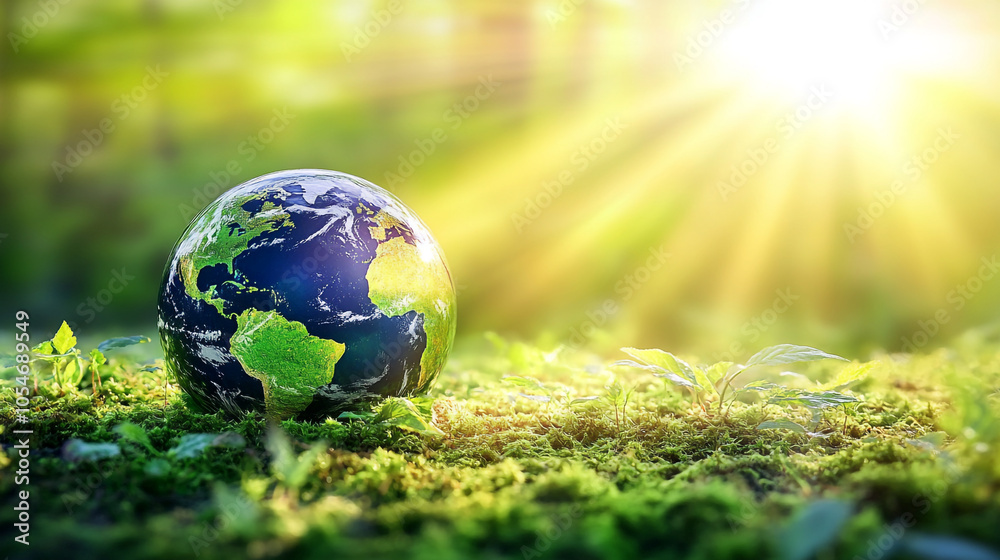 A vibrant illustration of Earth resting on lush green grass under a bright sun in a forest setting A vibrant illustration of Earth resting on lush green grass under a bright sun in a forest setting
