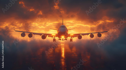 Airplane Landing at Sunset 3D Illustration photo