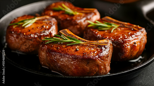 Savory grilled meat steak cuts garnished with fresh rosemary on a dark plate, capturing deliciousness and gourmet presentation.