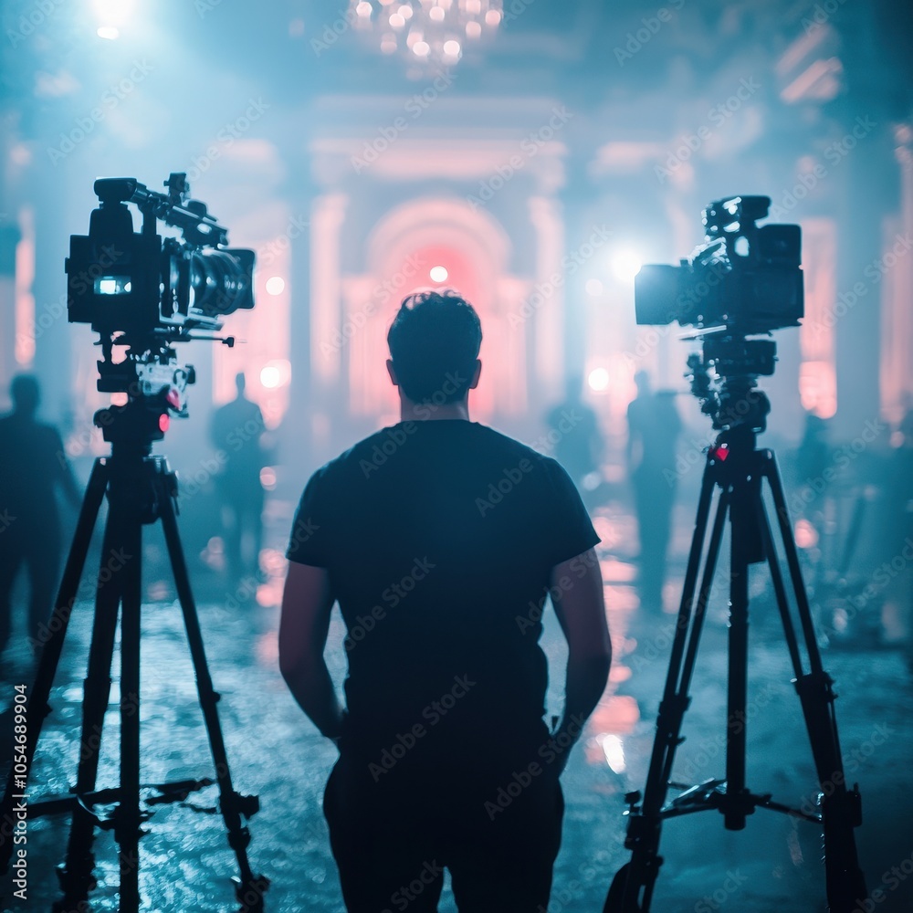 Fototapeta premium A cinematographer stands between two cameras, facing a misty, illuminated set, creating an atmosphere of anticipation and creativity.
