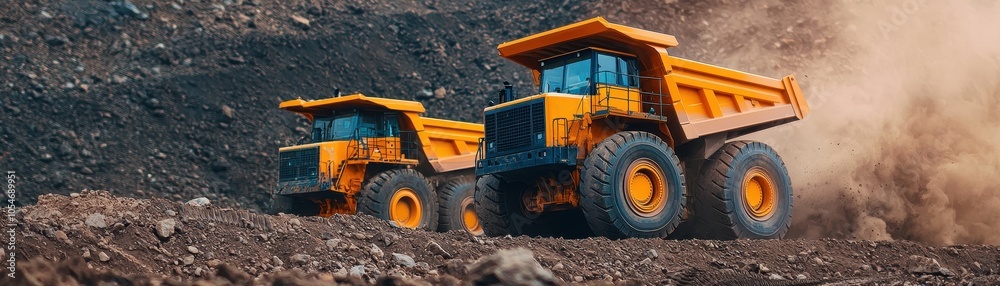 Two large dump trucks navigate through a dusty landscape, showcasing powerful machinery in action at a construction or mining site. Two large dump trucks navigate through a dusty landscape, showcasing powerful machinery in action at a construction or mining site.