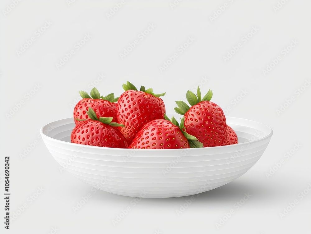 A fresh bowl of vibrant red strawberries, showcasing their juicy texture and green leaves on a sleek white dish. A fresh bowl of vibrant red strawberries, showcasing their juicy texture and green leaves on a sleek white dish.