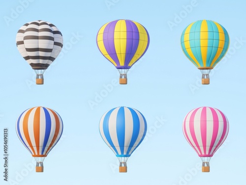 Colorful hot air balloons in various designs floating against a clear blue sky.