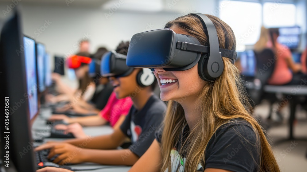 Students and a teacher enjoying a virtual reality experience in a high-tech computer lab, with Students and a teacher enjoying a virtual reality experience in a high-tech computer lab, with