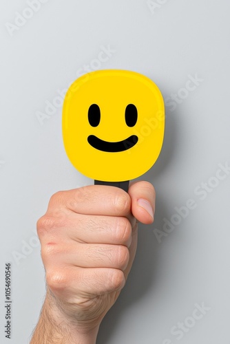 A close-up of a hand holding a yellow smiley face on a stick against a light gray background.