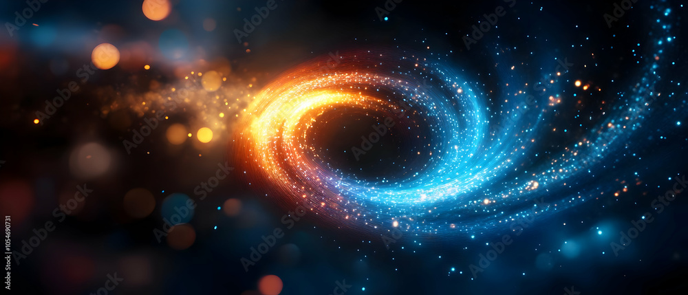 A stunning digital representation of a swirling galaxy with vibrant blue and orange colors on a dark cosmic background.