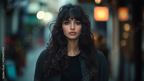 A cinematic photo of an Indian woman, wearing a black shirt and dark green jacket, with long curly hair and bangs, a serious expression, standing in the street with a blurred background