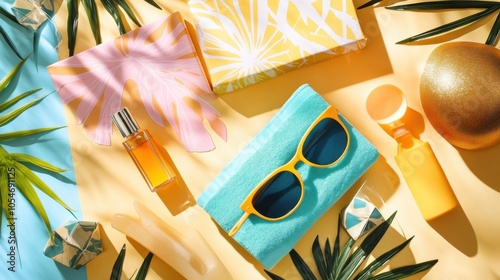 Summer gift boxes with beach essentials like sunscreen, sunglasses, and a stylish beach towel. photo