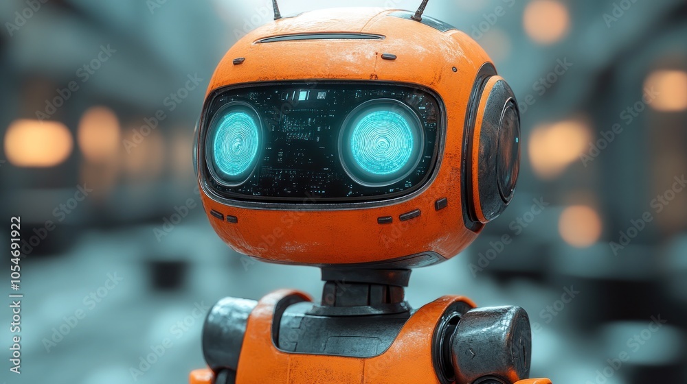 A friendly robot with glowing eyes in a futuristic setting. A friendly robot with glowing eyes in a futuristic setting.