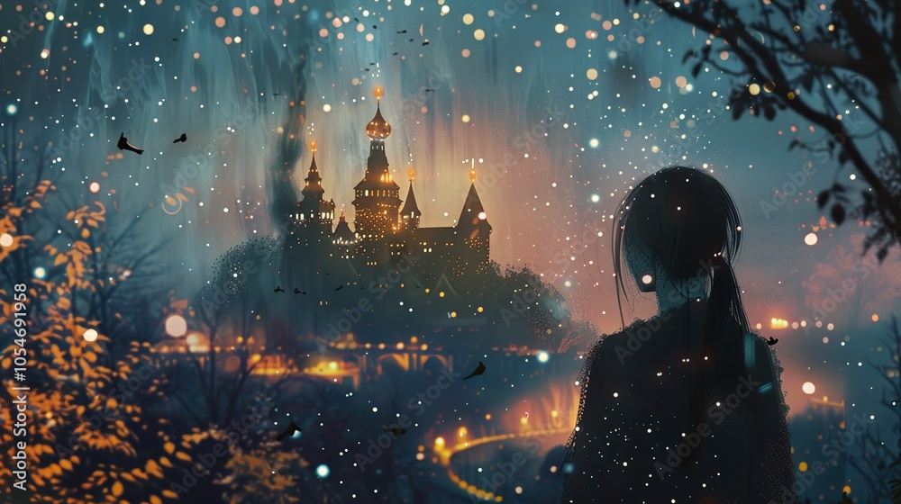 Enchanted Castle in a Snowy Forest at Night Enchanted Castle in a Snowy Forest at Night