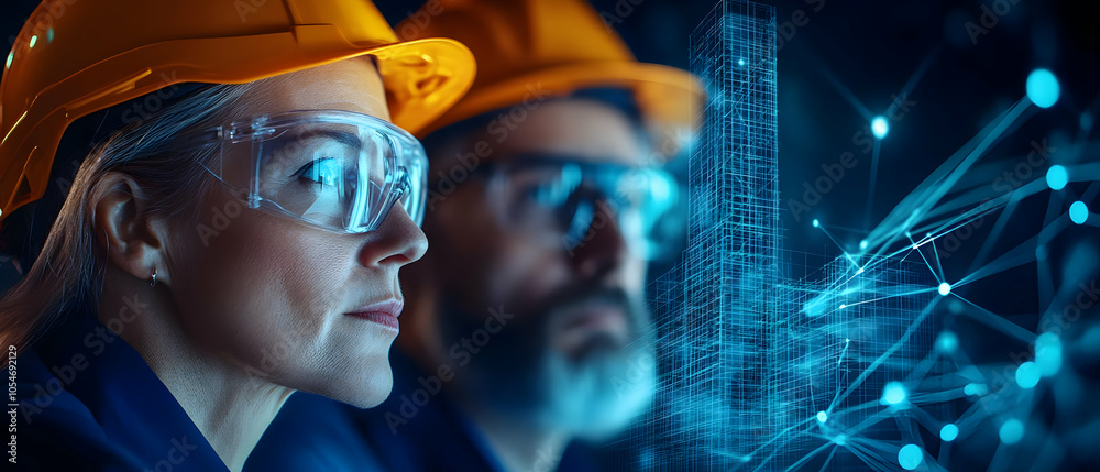 Two professionals in safety gear observing digital construction data on a futuristic interface.