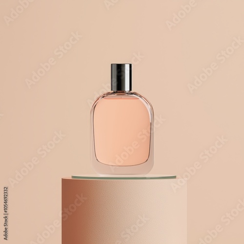 A sleek perfume bottle with a minimalist design, set against a soft, neutral background, creating an elegant display.