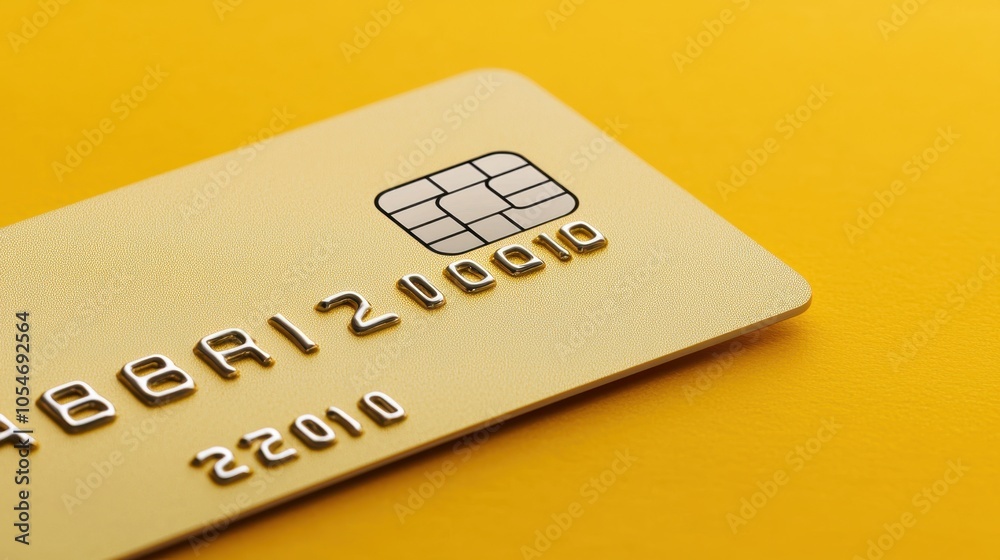 A close-up of a gold credit card displayed against a vibrant yellow background, highlighting its glossy surface and embossed details. A close-up of a gold credit card displayed against a vibrant yellow background, highlighting its glossy surface and embossed details.