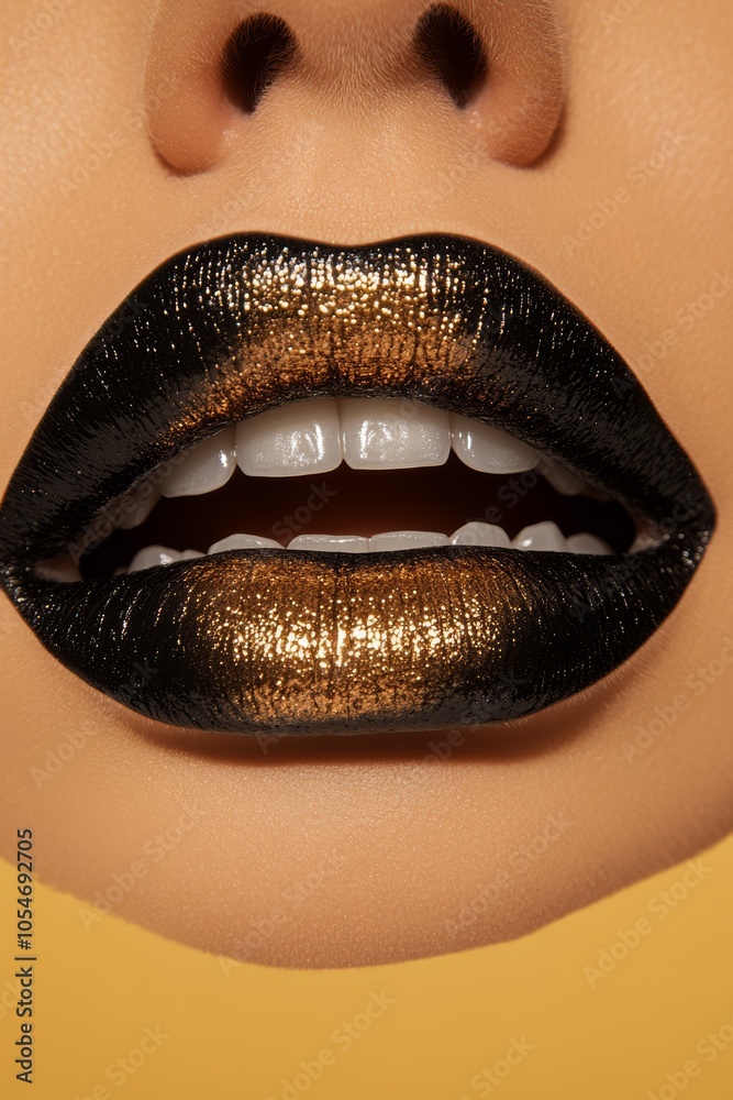 Fototapeta premium CLOSEUP of black gloss lips with metallic copper tongue and silver teeth on golden background with space for text.