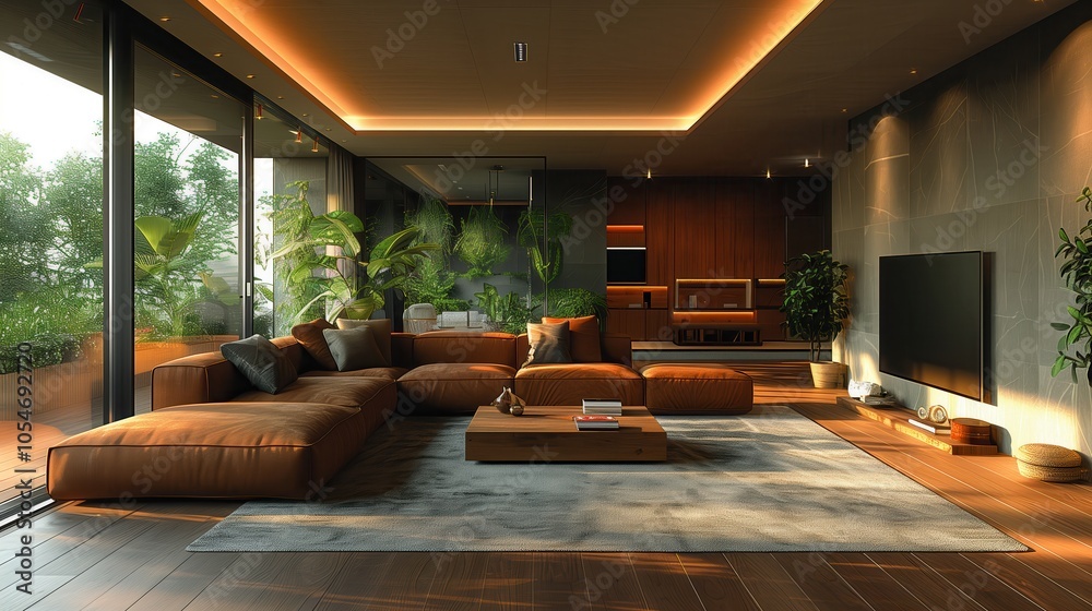 Modern living room with large sectional and greenery. Modern living room featuring a large leather sectional, warm ambient lighting, and lush greenery, offering a cozy, inviting atmosphere. Modern living room with large sectional and greenery. Modern living room featuring a large leather sectional, warm ambient lighting, and lush greenery, offering a cozy, inviting atmosphere.