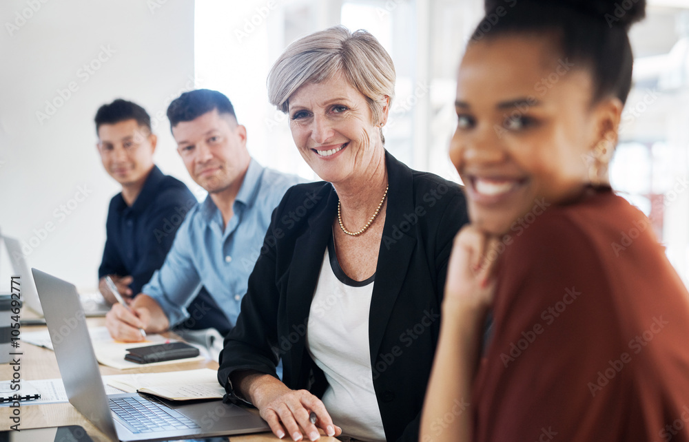 Meeting, woman or business people on laptop with portrait, discussion or teamwork in office. Corporate review, proud or professional colleagues with smile in collaboration, group and planning growth Meeting, woman or business people on laptop with portrait, discussion or teamwork in office. Corporate review, proud or professional colleagues with smile in collaboration, group and planning growth