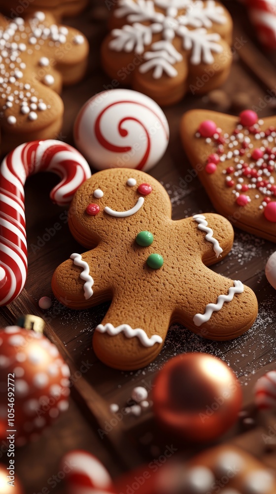 Festive 3D holiday baking scene with gingerbread cookies and candy canes in a delicious style ideal for recipe illustrations or tutorials Festive 3D holiday baking scene with gingerbread cookies and candy canes in a delicious style ideal for recipe illustrations or tutorials