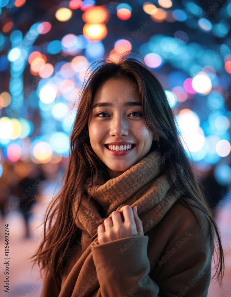 Young Woman Smiling in City Night with Colorful Street Lights Young Woman Smiling in City Night with Colorful Street Lights