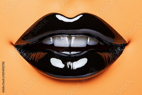 closeup of black lips with metallic coper tongue and silver teeth. photo