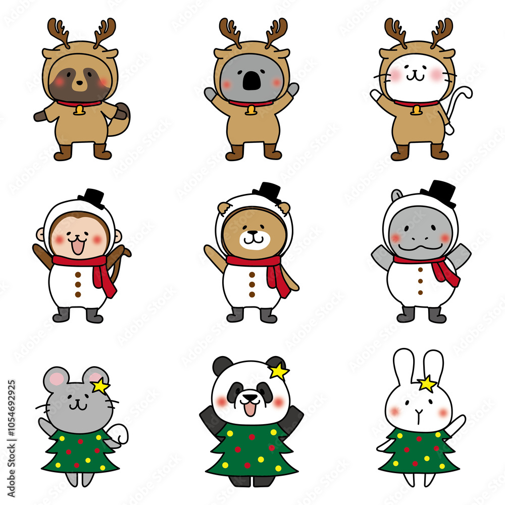 Naklejka premium トナカイと雪だるまとクリスマスツリーの仮装をする動物たち