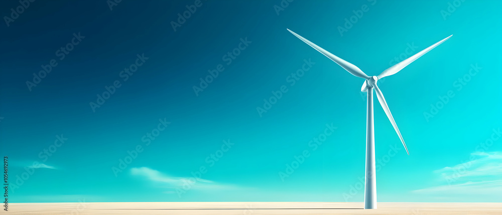 Fototapeta premium A solitary wind turbine standing against a clear blue sky, symbolizing renewable energy and environmental sustainability.