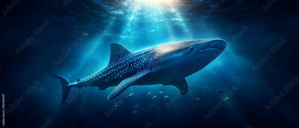 Naklejka premium A majestic whale shark swimming gracefully in the deep blue ocean, illuminated by sunlight filtering through the water.