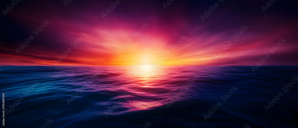 Obraz premium Vibrant sunset over calm ocean waters, showcasing an explosion of colors in the sky and reflections on the water.