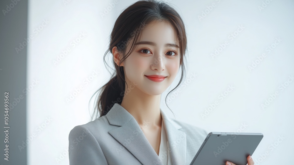 Asian young woman in a light grey suit smiling holding a tablet, standing isolated on a white background. Asian young woman in a light grey suit smiling holding a tablet, standing isolated on a white background.