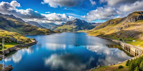 Scenic view of Tanygrisiau Reservoir at a tilted angle in North Wales, UK