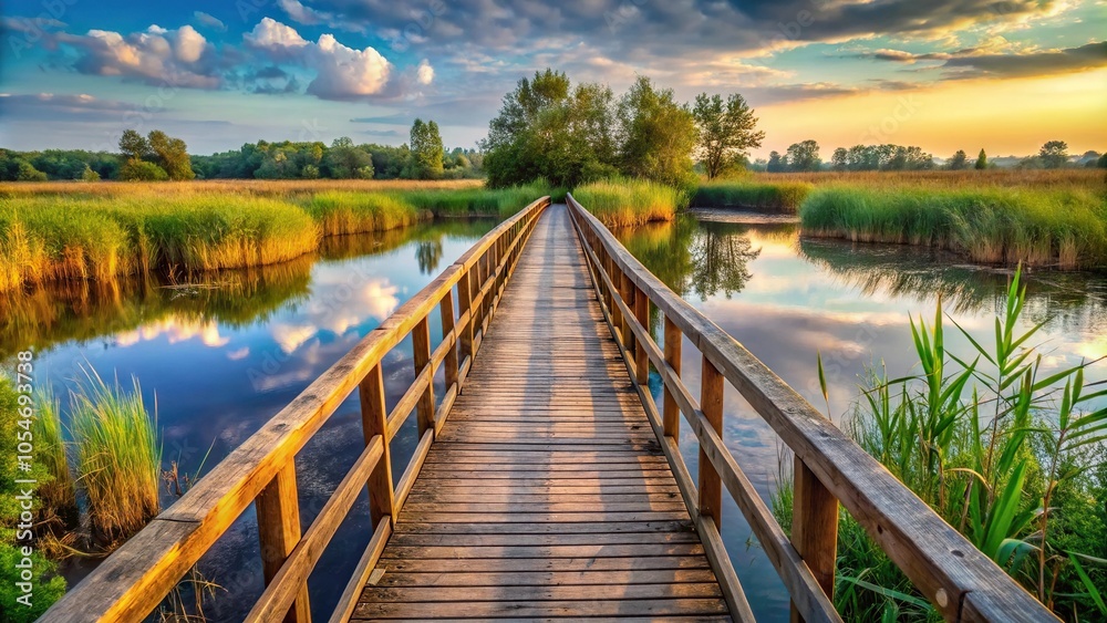 Naklejka premium Scenic view of the Cybina River valley in Poznan with a wooden bridge over a marshy area