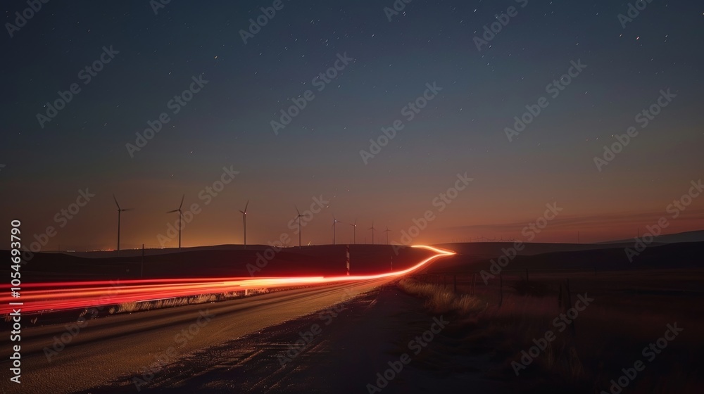 A peaceful night sky illuminated by car light trails weaving through the tranquil atmosphere of quiet wind farms. A peaceful night sky illuminated by car light trails weaving through the tranquil atmosphere of quiet wind farms.