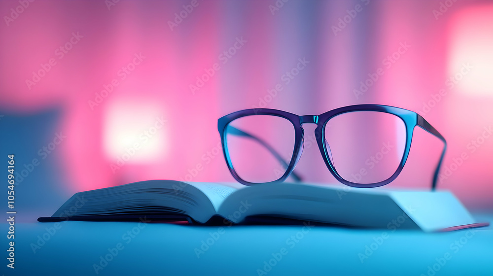 A pair of stylish glasses resting on an open book, illuminated by a soft blue and pink glow, creating a cozy atmosphere. A pair of stylish glasses resting on an open book, illuminated by a soft blue and pink glow, creating a cozy atmosphere.