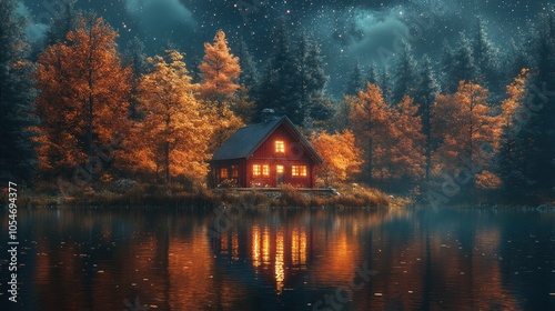 A cozy cabin nestled in a forest by a lake with a starry night sky.