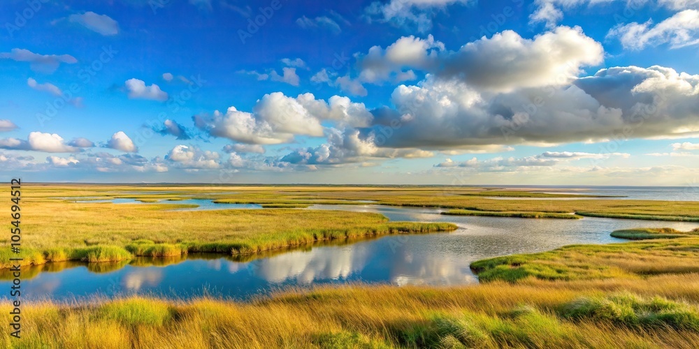 Scenic view of wide horizon and marshlands by the North Sea Scenic view of wide horizon and marshlands by the North Sea