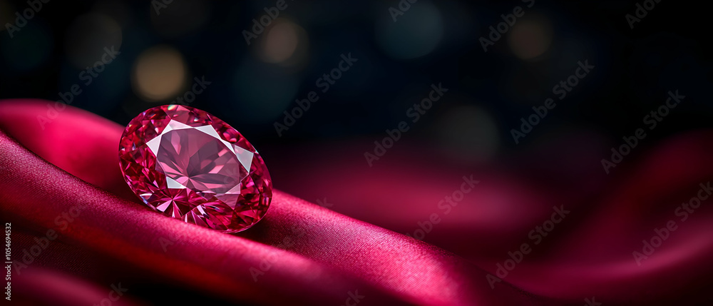 A stunning ruby gemstone resting on luxurious red fabric, capturing the elegance of precious jewels against a soft, dark background.