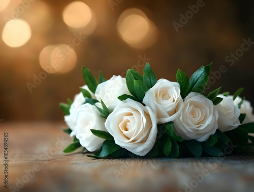 Elegant arrangement of white roses with lush green leaves, softly illuminated by bokeh lights for a romantic atmosphere.